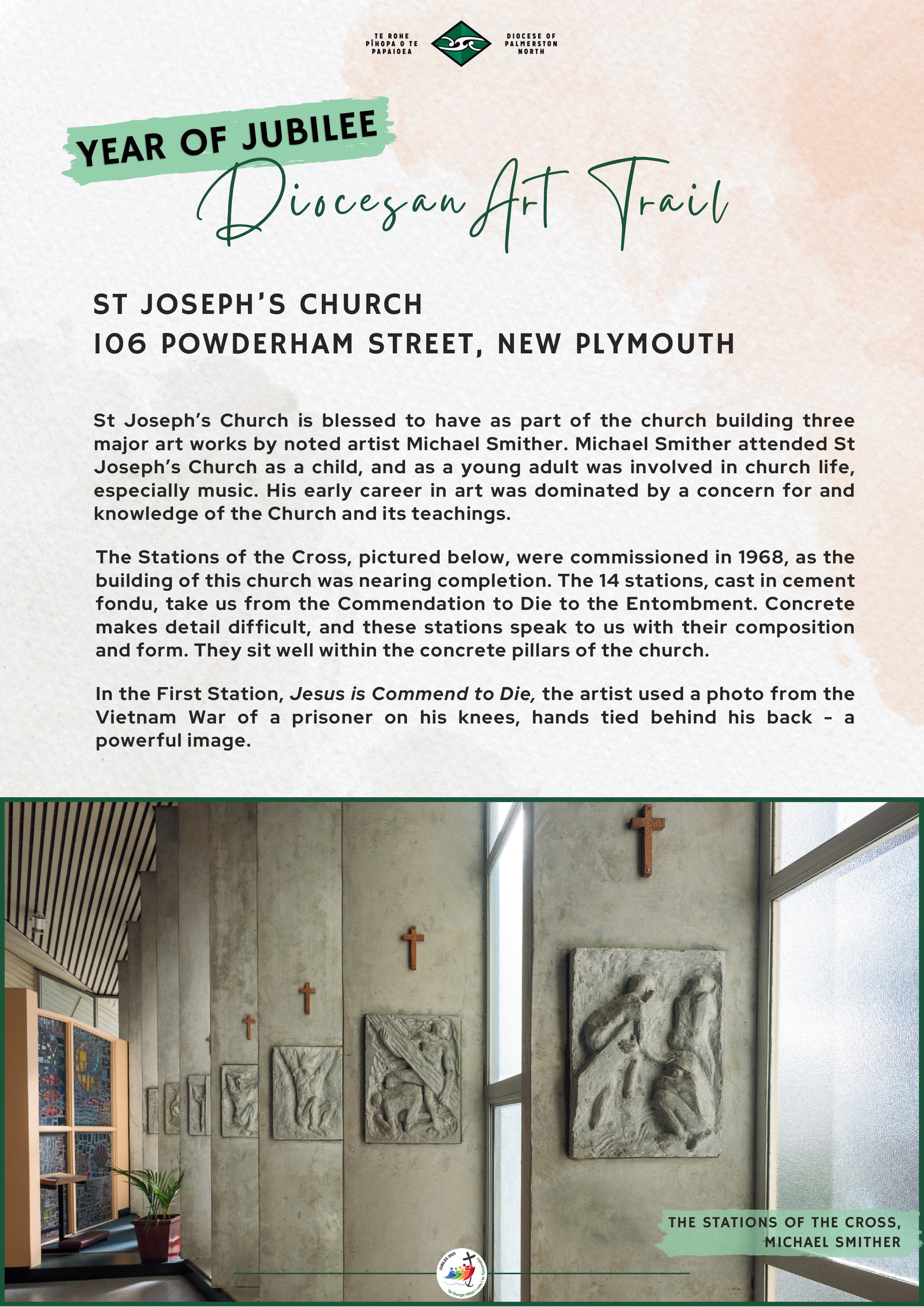 Year of Jubilee Diocesan Art Trail information sheet for St Joseph's Church, New Plymouth, featuring Michael Smither's Stations of the Cross