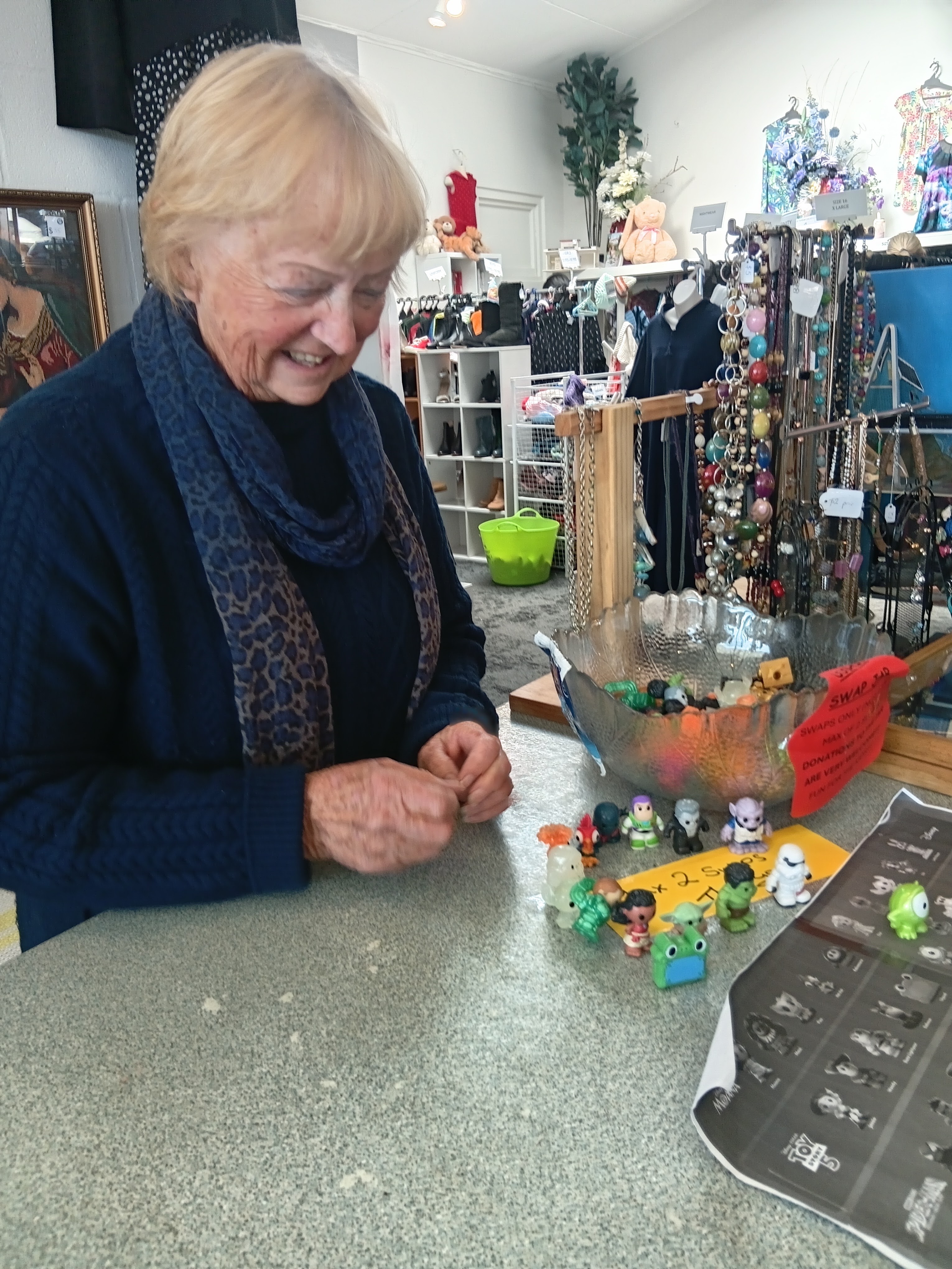 Ooshie swap jar on the counter at the St Vincent de Paul Op Shop